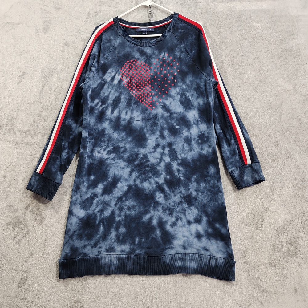 Tommy Hilfiger Dress Womens L Blue Tie Dye Heart Sweater Long Sleeve Casual
